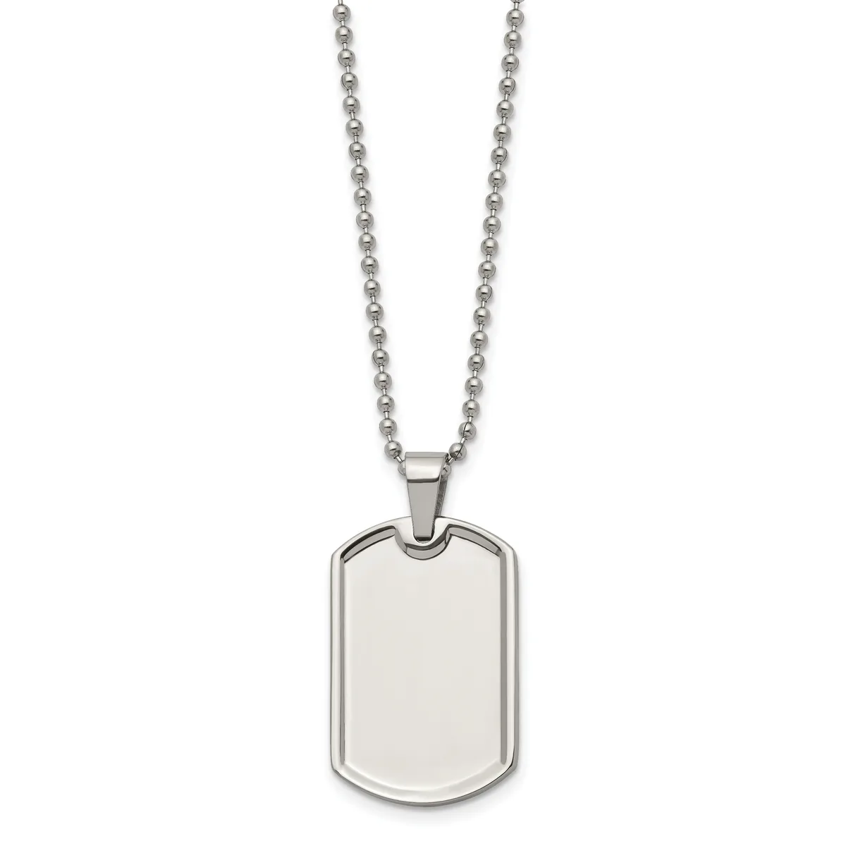 A stainless steel dog tag pendant with rounded corners hangs from a matching ball chain necklace.