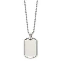 A stainless steel dog tag pendant with rounded corners hangs from a matching ball chain necklace.