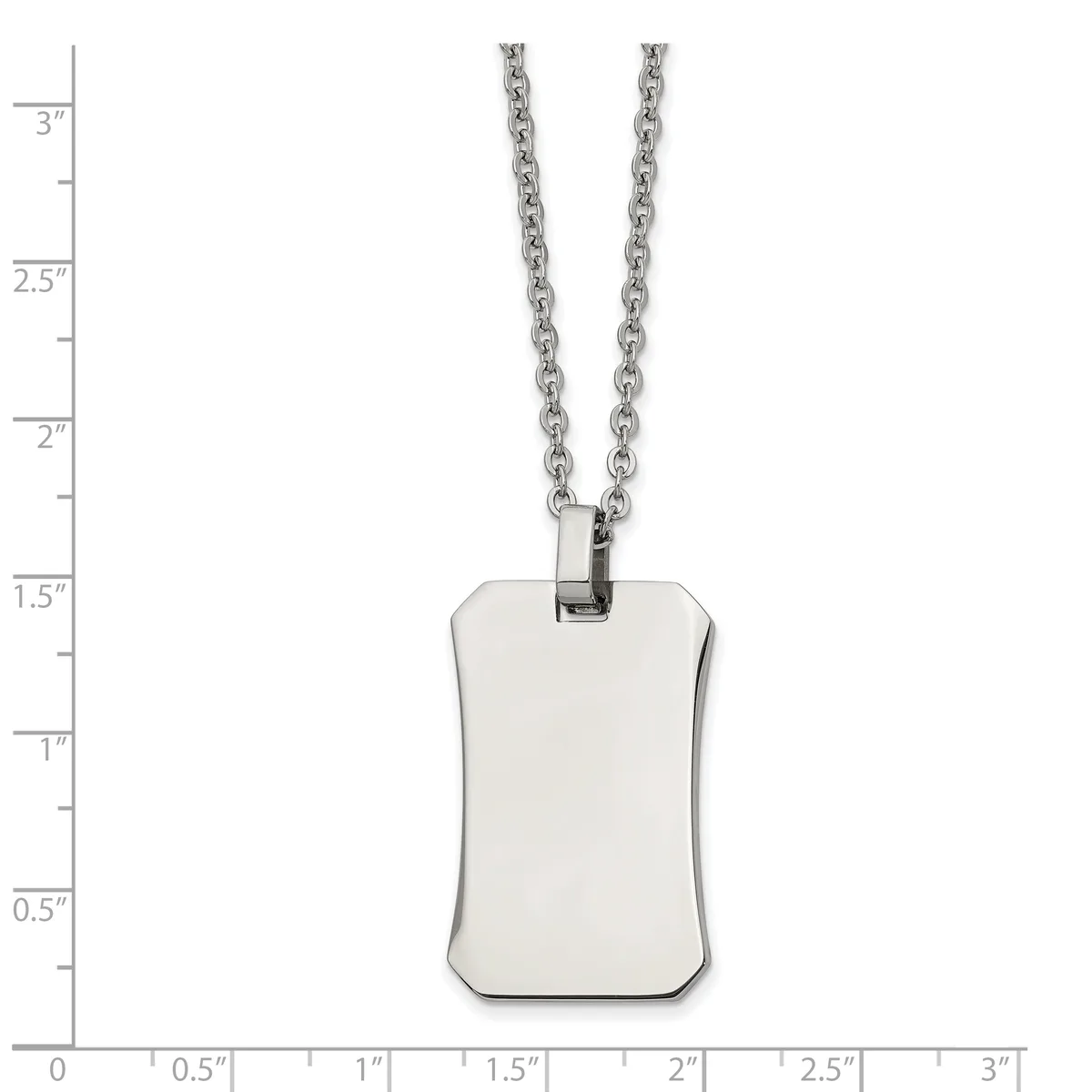 A polished stainless steel dog tag pendant with rounded corners hangs from a chain against a measurement scale showing its dimensions of approximately 1.25 inches tall and 0.75 inches wide.