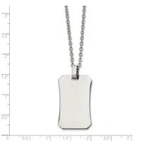 A polished stainless steel dog tag pendant with rounded corners hangs from a chain against a measurement scale showing its dimensions of approximately 1.25 inches tall and 0.75 inches wide.
