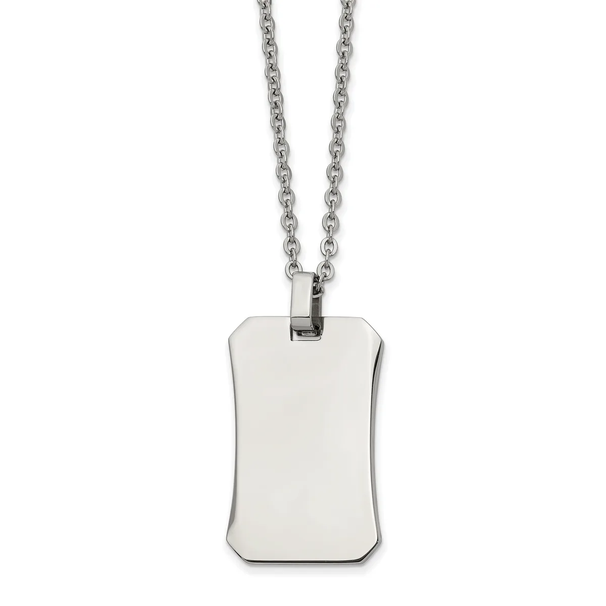 A polished stainless steel dog tag pendant with rounded corners hangs from a matching cable chain necklace against a white background.