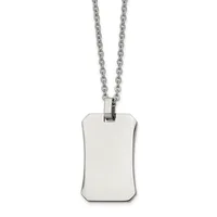 A polished stainless steel dog tag pendant with rounded corners hangs from a matching cable chain necklace against a white background.
