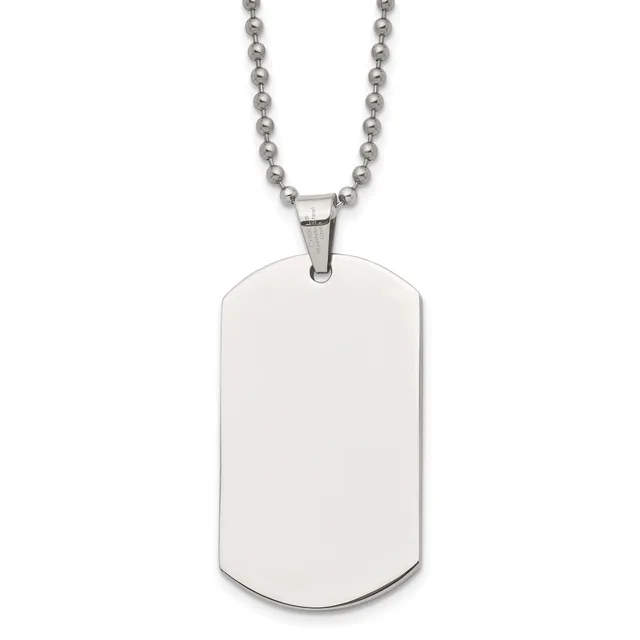 A polished stainless steel dog tag pendant with rounded corners hangs from a matching ball chain necklace.