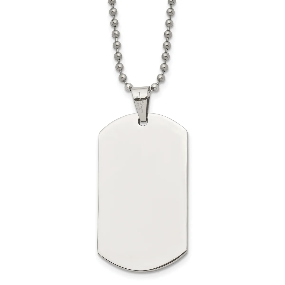 A polished stainless steel dog tag pendant with rounded corners hangs from a matching ball chain necklace.