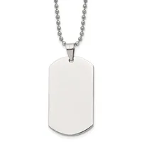 A polished stainless steel dog tag pendant with rounded corners hangs from a matching ball chain necklace.