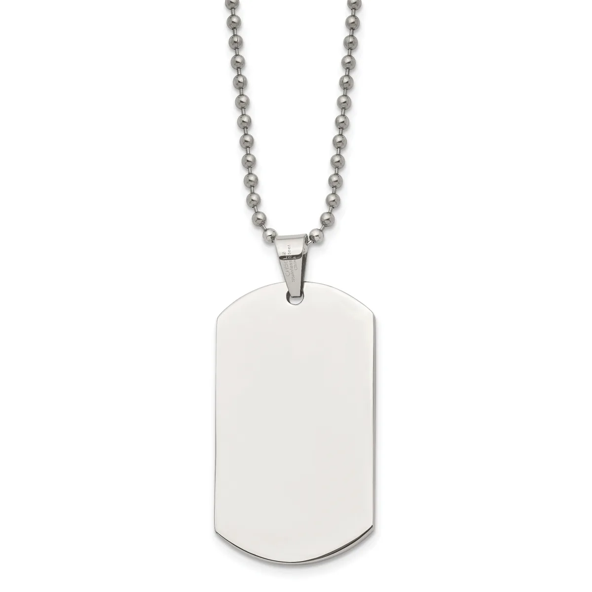 A polished stainless steel dog tag pendant hanging from a ball chain necklace against a white background.