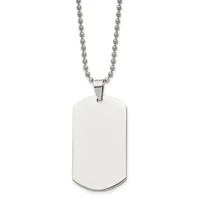 A polished stainless steel dog tag pendant hanging from a ball chain necklace against a white background.
