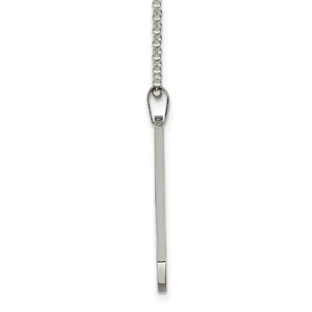 A silver vertical bar pendant hanging from a chain with a small carabiner clip attachment at the top.