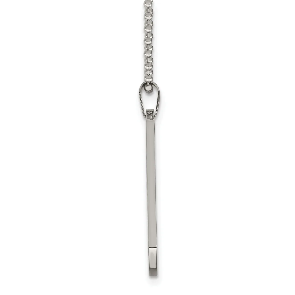 A silver vertical bar pendant hanging from a chain with a small carabiner clip attachment at the top.
