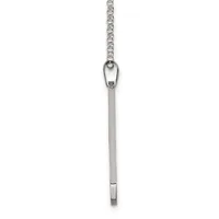 A silver vertical bar pendant hanging from a chain with a small carabiner clip attachment at the top.