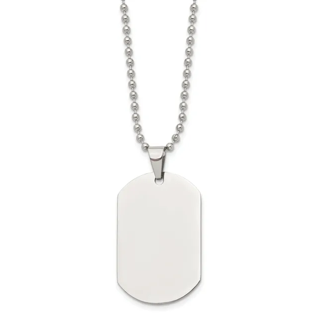 A stainless steel ball chain necklace with a blank rectangular dog tag pendant hanging centered against a white background.