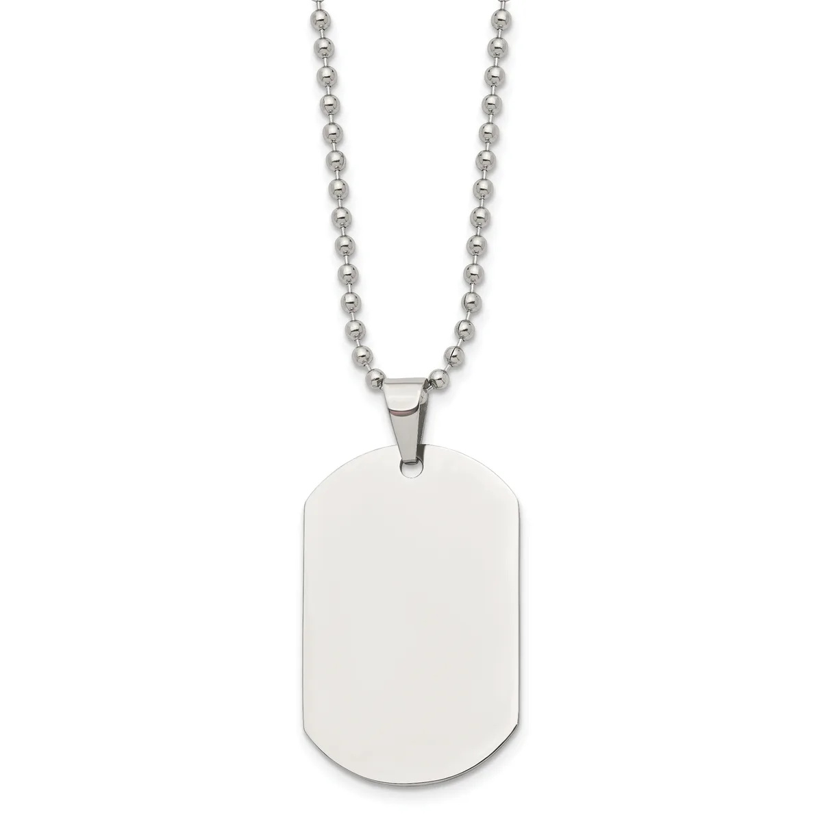 A stainless steel ball chain necklace with a blank rectangular dog tag pendant hanging centered against a white background.