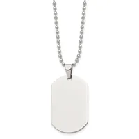 A stainless steel ball chain necklace with a blank rectangular dog tag pendant hanging centered against a white background.