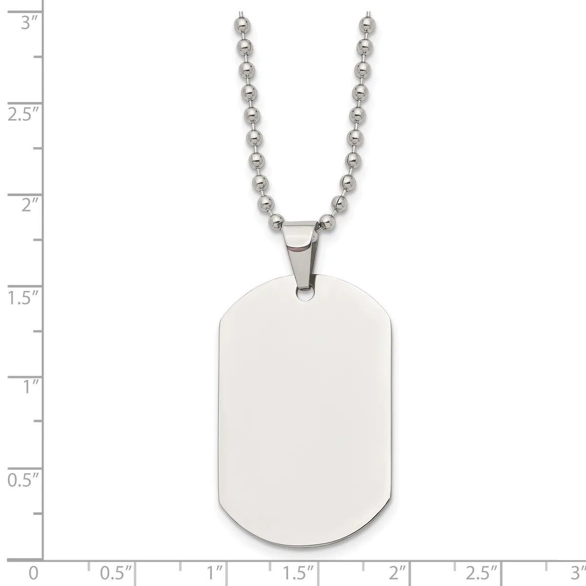 A stainless steel dog tag pendant with rounded corners hangs from a ball chain, displayed against a measurement scale showing approximately 1.3 inches tall.