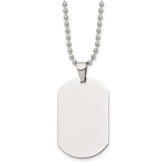 A polished stainless steel dog tag pendant with rounded corners hangs from a beaded ball chain.