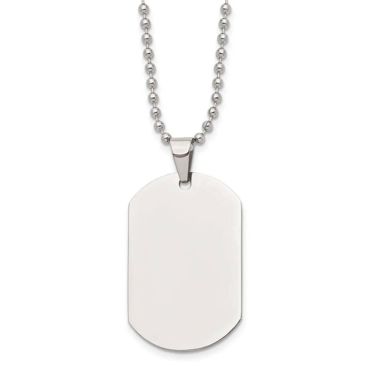 A polished stainless steel dog tag pendant with rounded corners hangs from a beaded ball chain.