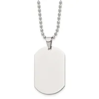 A polished stainless steel dog tag pendant with rounded corners hangs from a beaded ball chain.