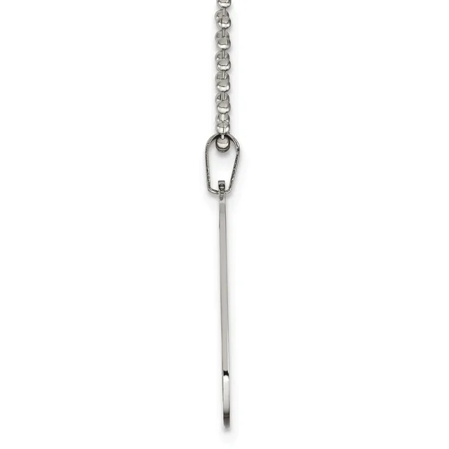 A long silver chain necklace with a small carabiner clip at the top and a straight bar pendant hanging from it.