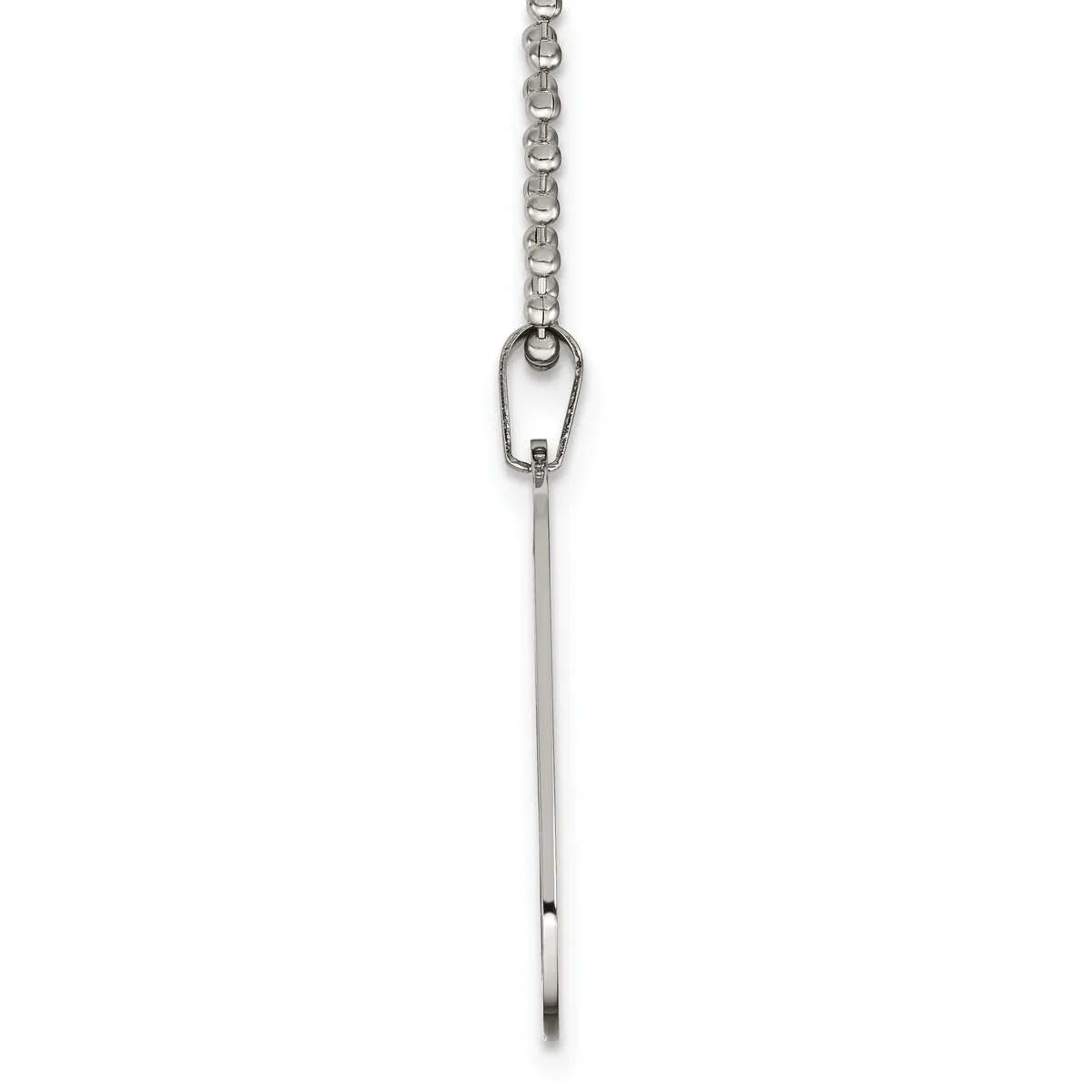 A long silver chain necklace with a small carabiner clip at the top and a straight bar pendant hanging from it.