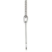 A long silver chain necklace with a small carabiner clip at the top and a straight bar pendant hanging from it.
