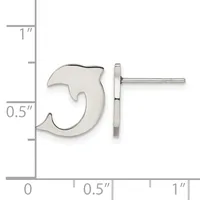 Silver number 5 stud earring shown front and back view next to a ruler measuring approximately 0.5 inches tall and 0.75 inches wide.
