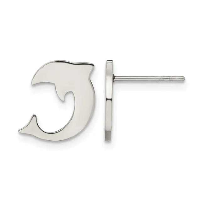 Pair of silver dolphin-shaped stud earrings shown from front and side views.