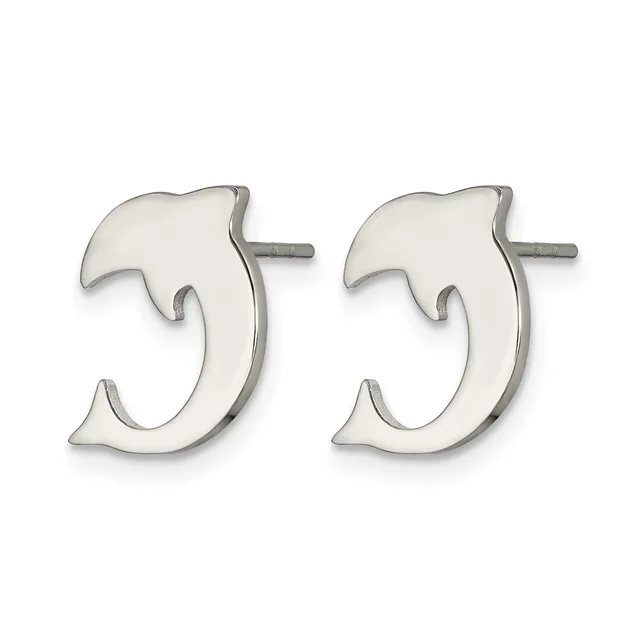 A pair of silver dolphin-shaped stud earrings with posts and backs, shown against a white background.