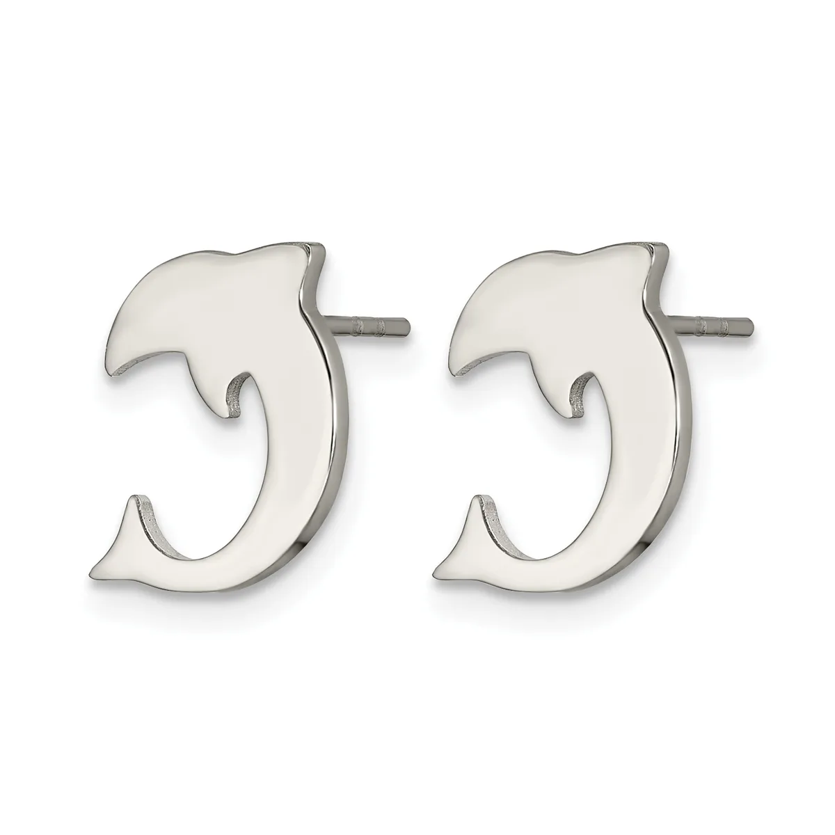 A pair of silver dolphin-shaped stud earrings with posts and backs, shown against a white background.