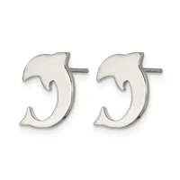 A pair of silver dolphin-shaped stud earrings with posts and backs, shown against a white background.