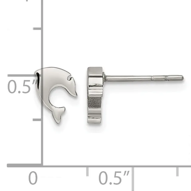 A pair of silver stud earrings shaped like dolphins, shown front and side view on a measurement scale indicating approximately 0.5 inches in width.