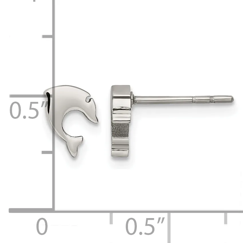 A pair of silver stud earrings shaped like dolphins, shown front and side view on a measurement scale indicating approximately 0.5 inches in width.