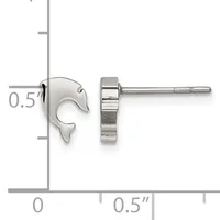 A pair of silver stud earrings shaped like dolphins, shown front and side view on a measurement scale indicating approximately 0.5 inches in width.