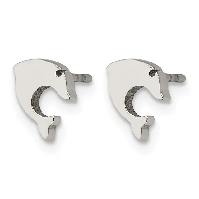 A pair of silver stud earrings with crescent moon designs featuring textured dark inlay, shown from the front against a white background.