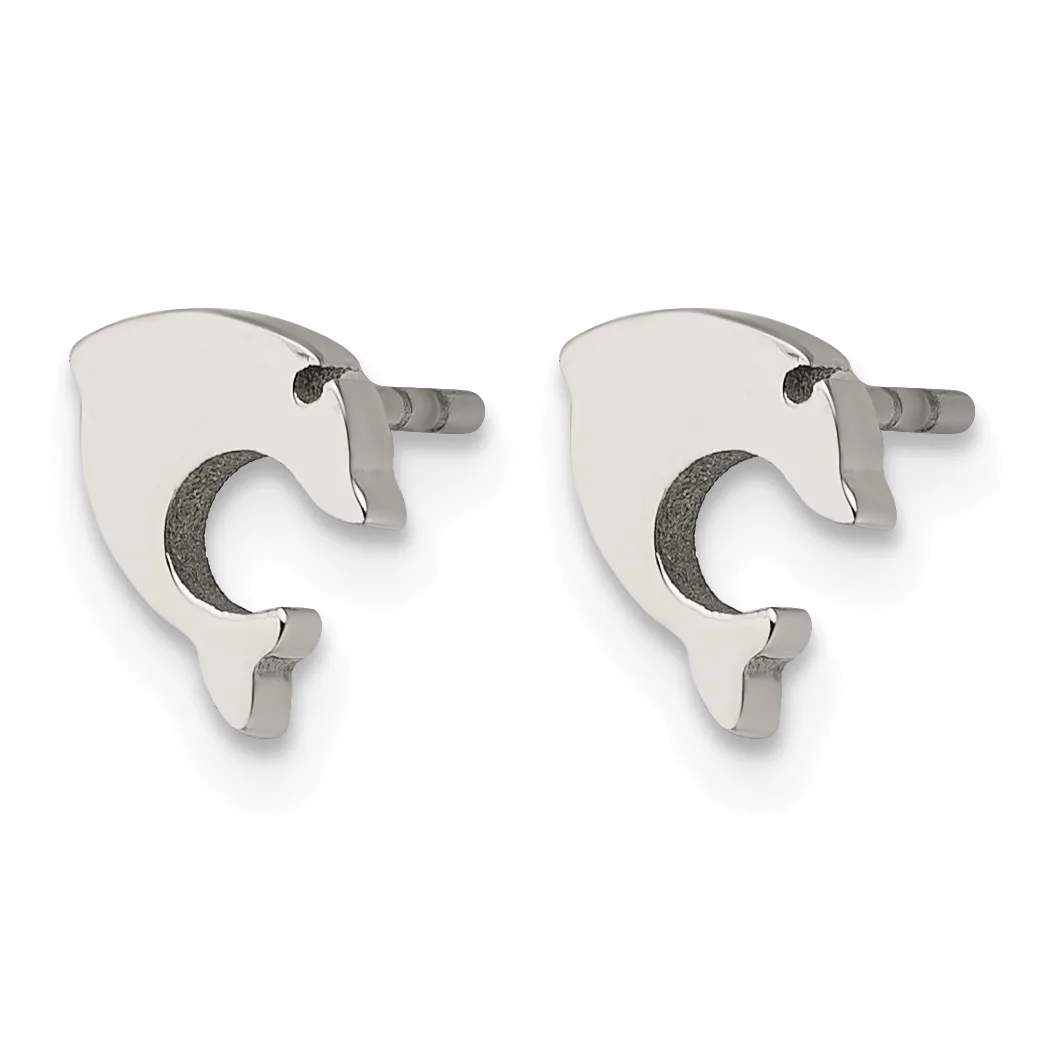 A pair of silver stud earrings with crescent moon designs featuring textured dark inlay, shown from the front against a white background.