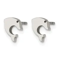 A pair of silver stud earrings with crescent moon designs featuring textured dark inlay, shown from the front against a white background.