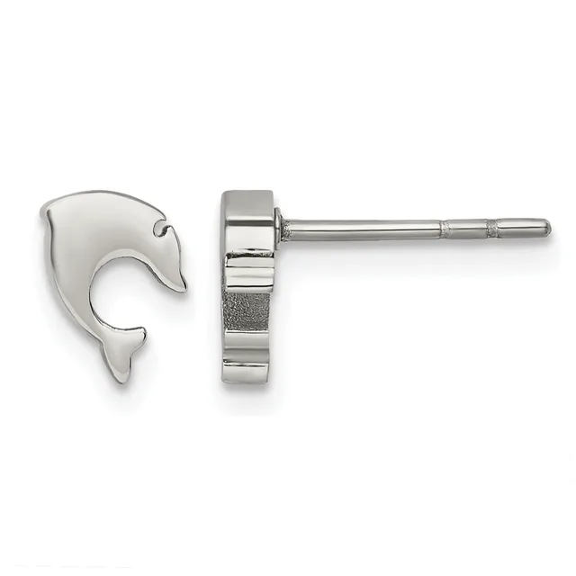 A pair of silver dolphin-shaped stud earrings shown from front and side views, displaying the curved dolphin profile and post-and-back closure.