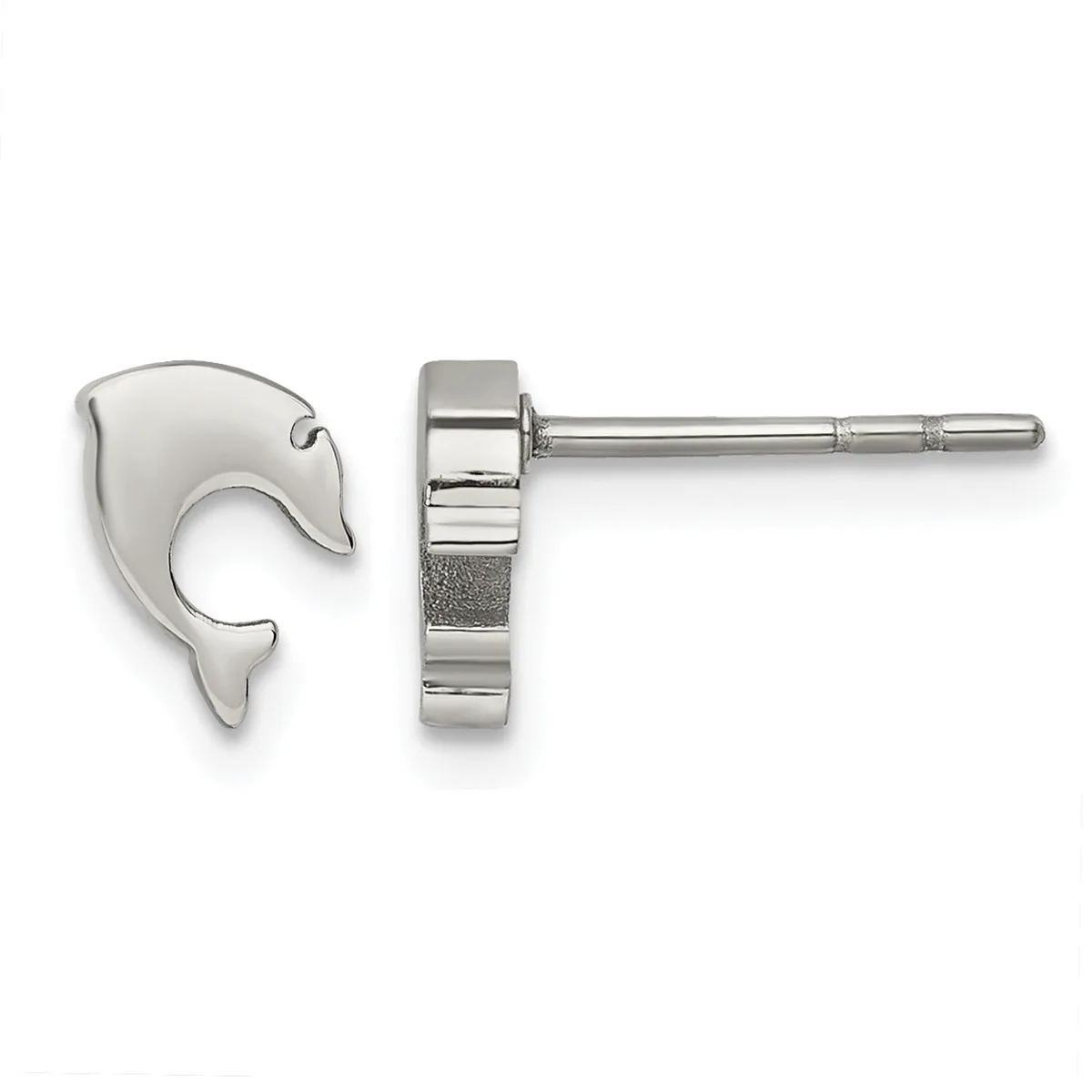A pair of silver dolphin-shaped stud earrings shown from front and side views, displaying the curved dolphin profile and post-and-back closure.
