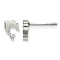 A pair of silver dolphin-shaped stud earrings shown from front and side views, displaying the curved dolphin profile and post-and-back closure.