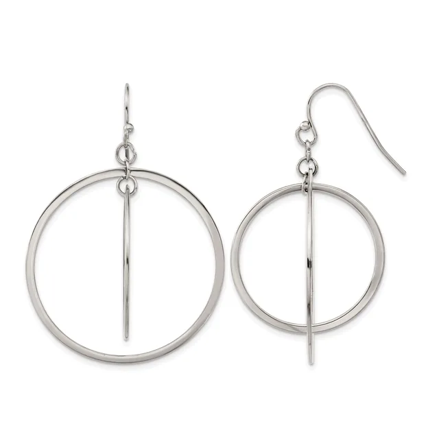 A pair of silver-toned dangling earrings, each consisting of a circular ring with a vertical bar through the center, suspended from a curved ear wire.