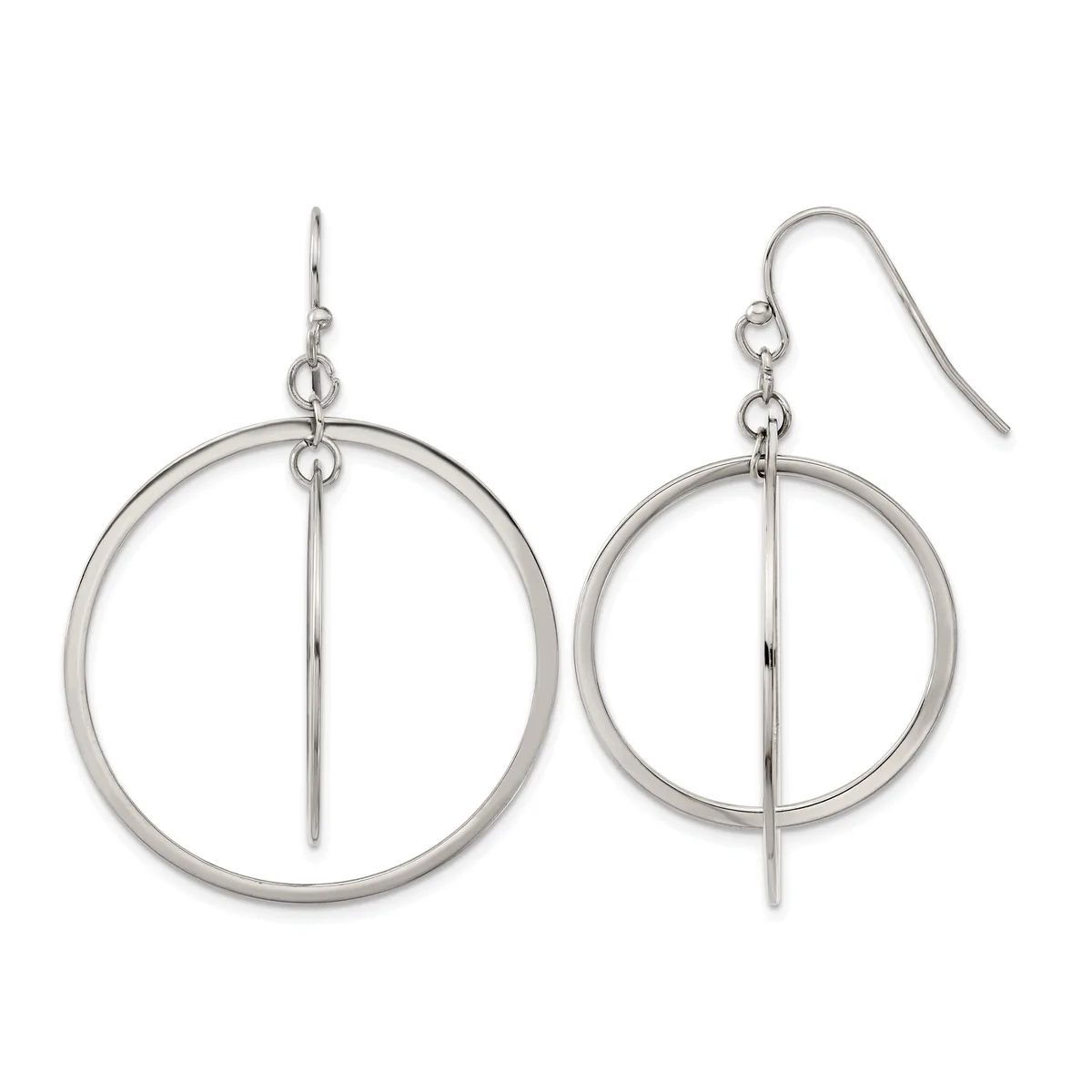 A pair of silver-toned dangling earrings, each consisting of a circular ring with a vertical bar through the center, suspended from a curved ear wire.