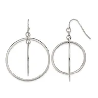 A pair of silver-toned dangling earrings, each consisting of a circular ring with a vertical bar through the center, suspended from a curved ear wire.