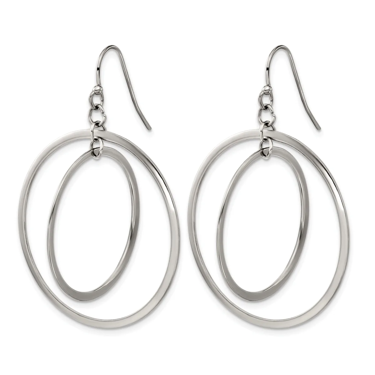 Pair of silver-toned double oval loop earrings with fish hook ear wires, displayed against a white background.