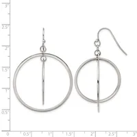 Pair of silver-toned dangle earrings with circular frames and vertical bar details, displayed on a measurement scale.