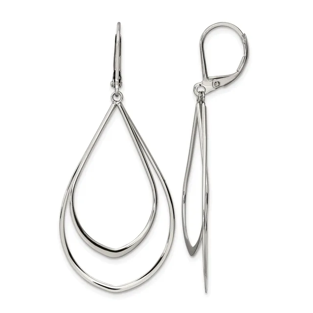 A pair of silver teardrop earrings with double curved wire loops, shown from front and side views with lever-back closures.