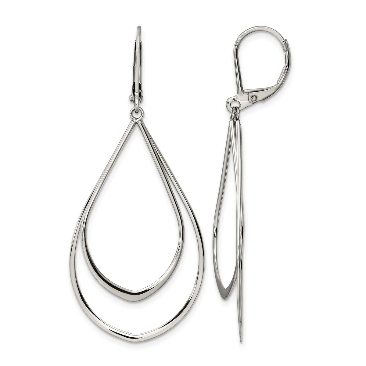 A pair of silver teardrop earrings with double curved wire loops, shown from front and side views with lever-back closures.