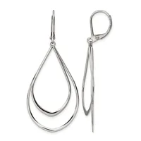 A pair of silver teardrop earrings with double curved wire loops, shown from front and side views with lever-back closures.