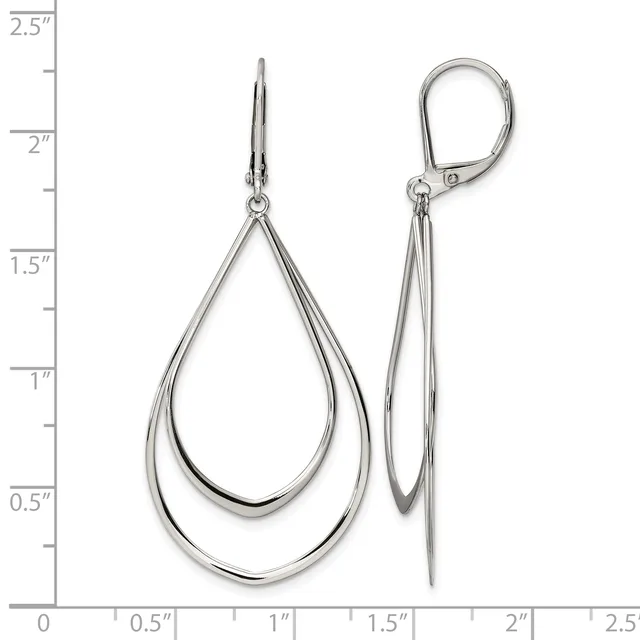 A pair of silver teardrop earrings with double curved outlines, shown front and side view against a measurement scale.