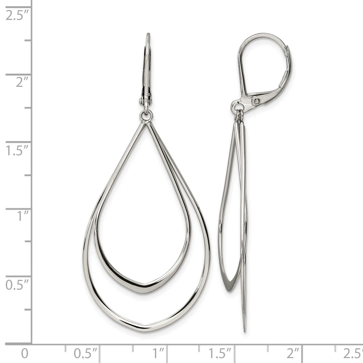 A pair of silver teardrop earrings with double curved outlines, shown front and side view against a measurement scale.