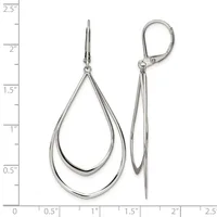 A pair of silver teardrop earrings with double curved outlines, shown front and side view against a measurement scale.