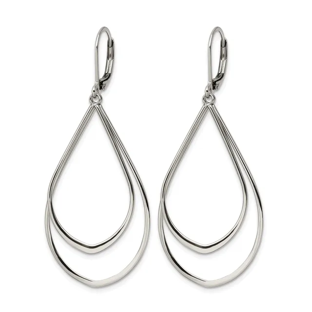 Pair of silver teardrop earrings with double nested outlines and leverback closures, shown against a white background.